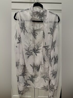 Sheer Dragonfly Print Shawl - White Black and Gray
